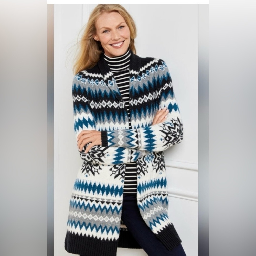 TALBOTS Fair Isle Print Open Front Cardigan Small